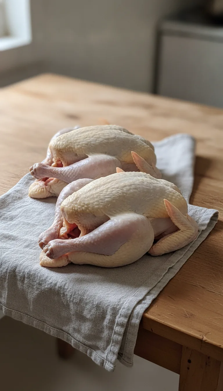 Two dressed Bresse table birds on a farmhouse table in natural daylight