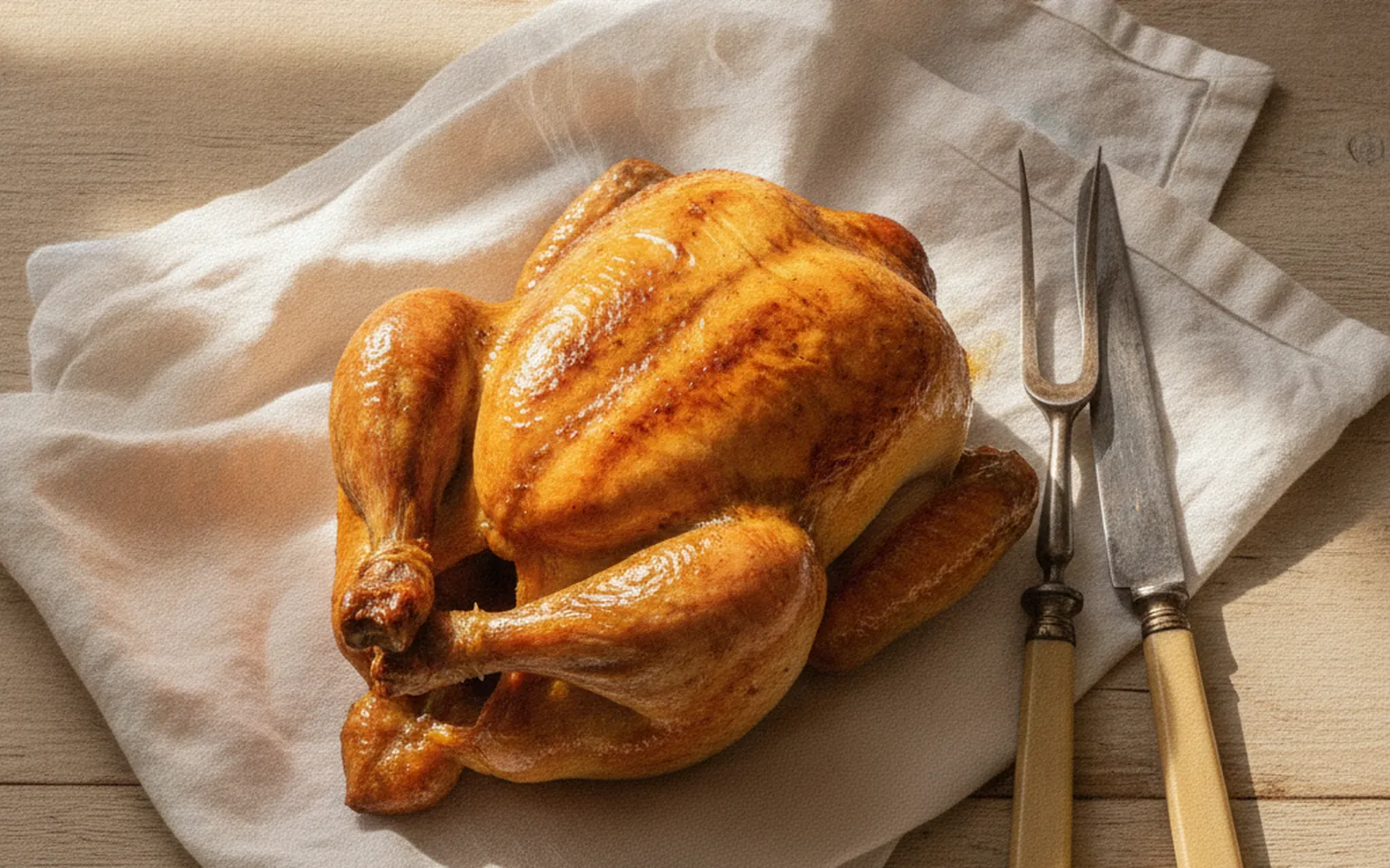 Whole roast Bresse chicken with golden crisp skin beside a carving fork and knife